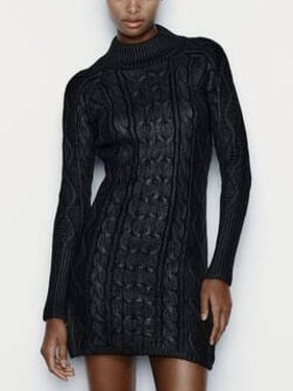 Zara Cable-Knit Mini Dress Long Sleeves Turtlenec Black Foil Size M